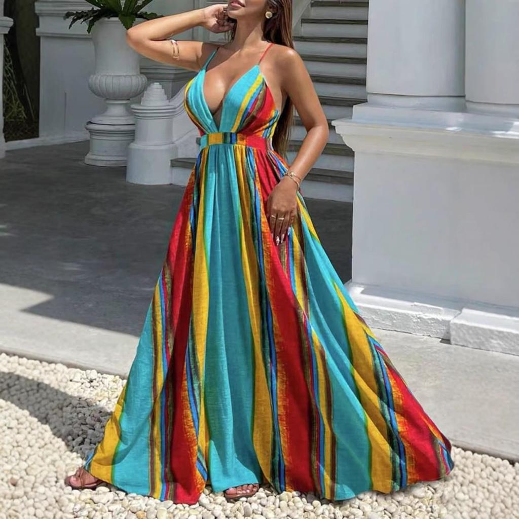 Women's V Neck Sleeveless A Line Dress Slim Fit Mid Rise Boho Floral Print Spaghetti Strap Maxi Dress