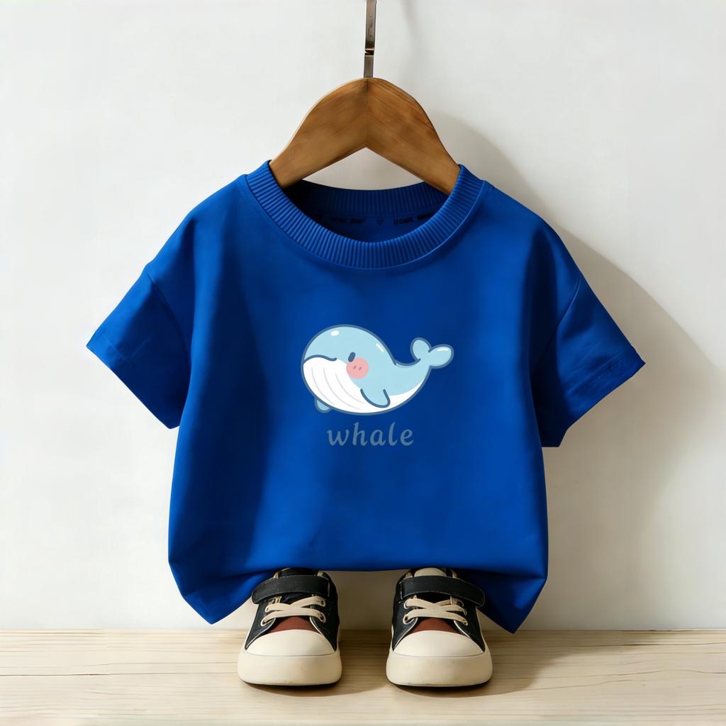 Cartoon Whale Print Children's Daily Short Sleeved Tshirt Boys and Girls Round Neck Short Sleeved Casual Parent-child Top Summer