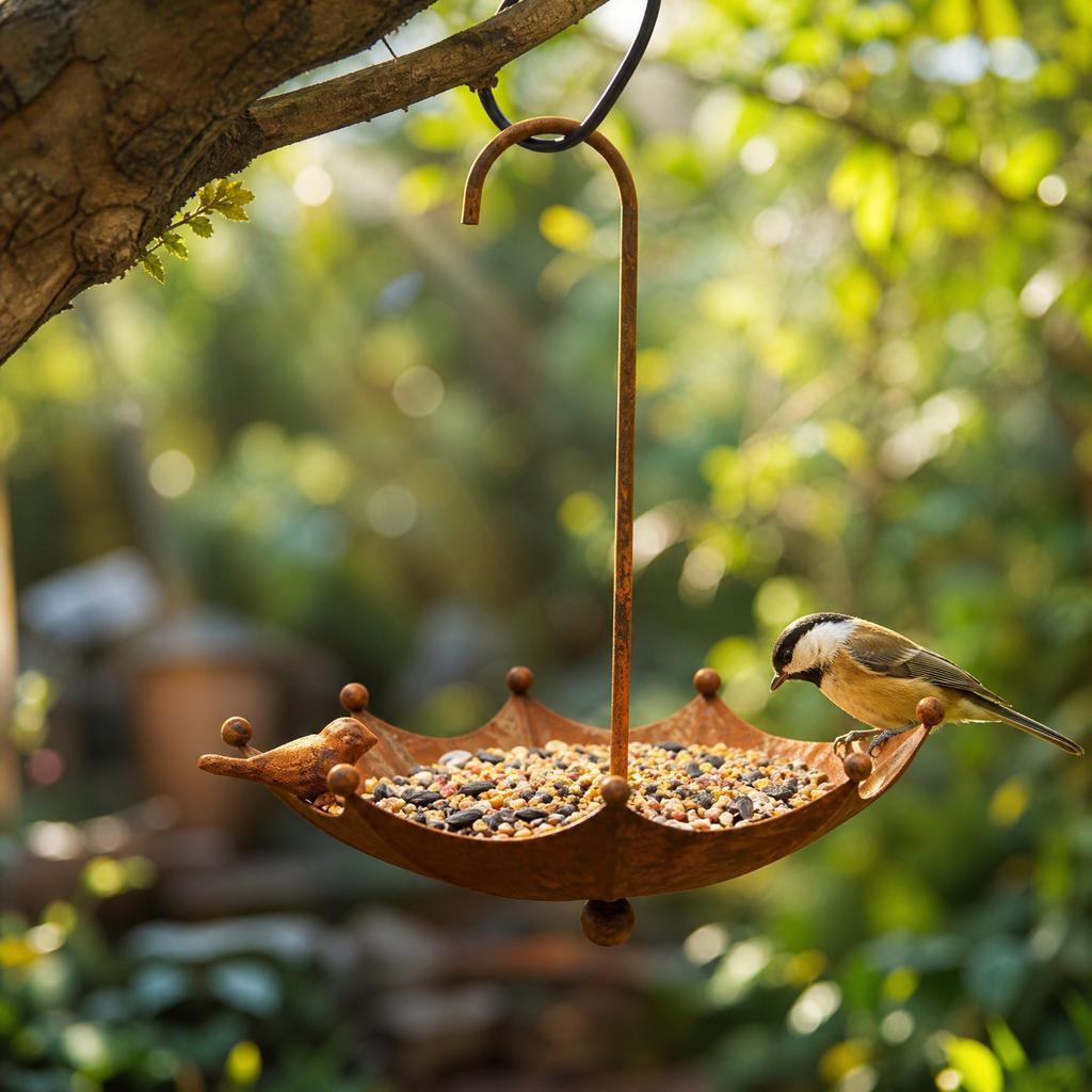 Rustic Umbrella Shaped Metal Bird Feeder Hanging Garden Yard Decor Outdoor Weather Resistant Metal Craft