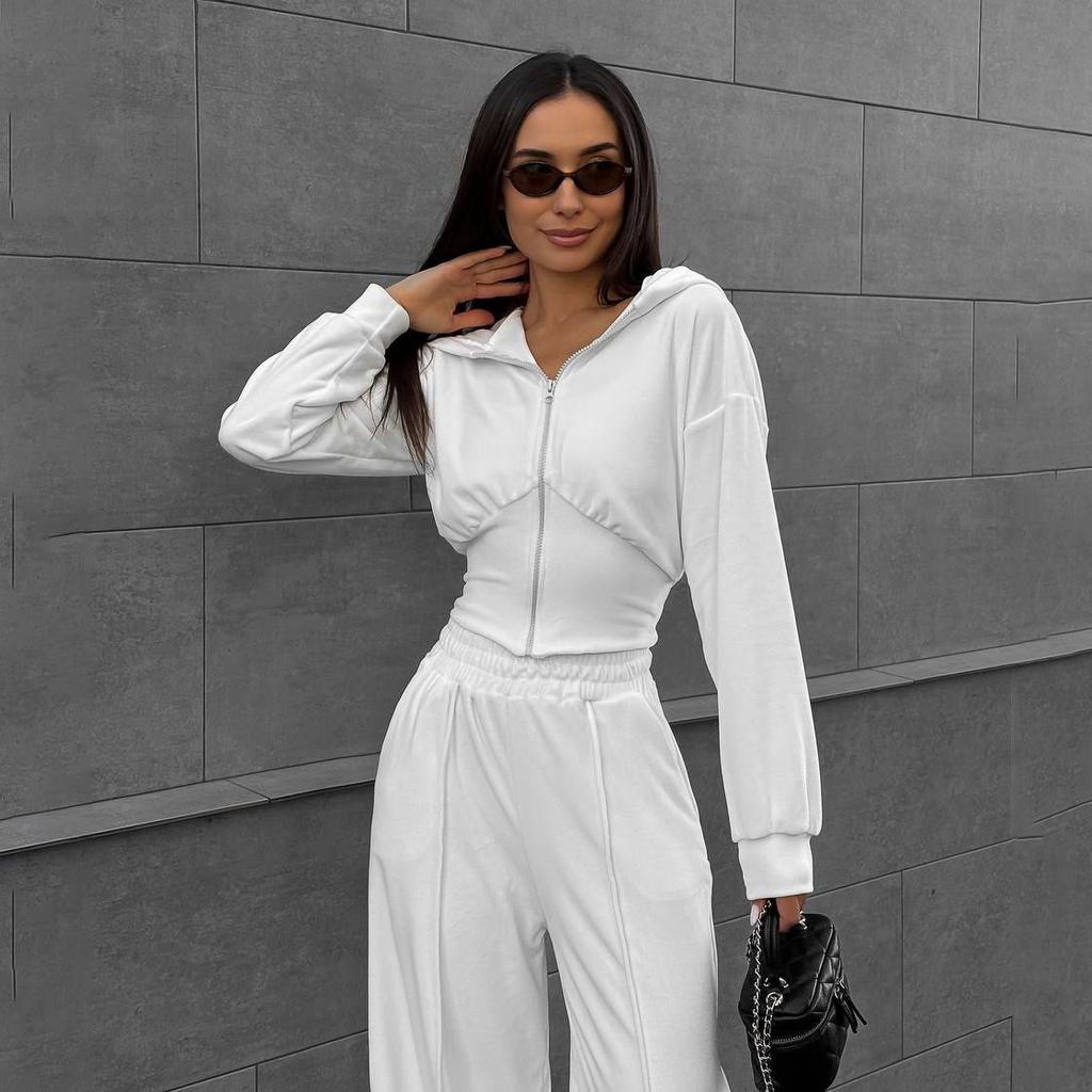 Spice Girl Waist Solid Color Slim Zipper Velvet Jacket Suit Street Style Fashionable Versatile Casual Trousers Women