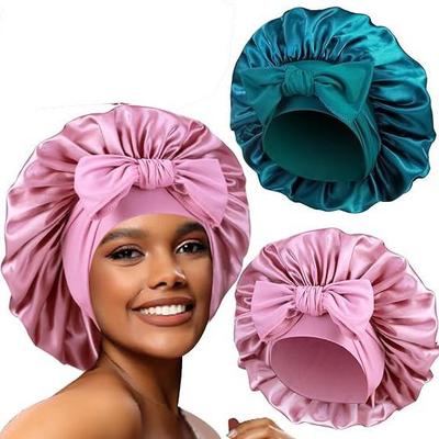Elastische Schlaf- und Duschhaube aus Satin mit breiter Krempe für Damen – einfarbig, Größe L