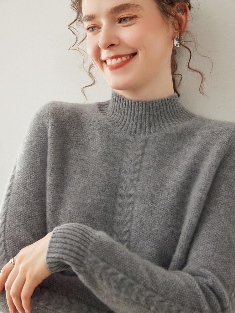 Women's Jacquard Knit Cashmere Sweater - Loose Fit, Half-High Neck, Autumn/Winter Fashion