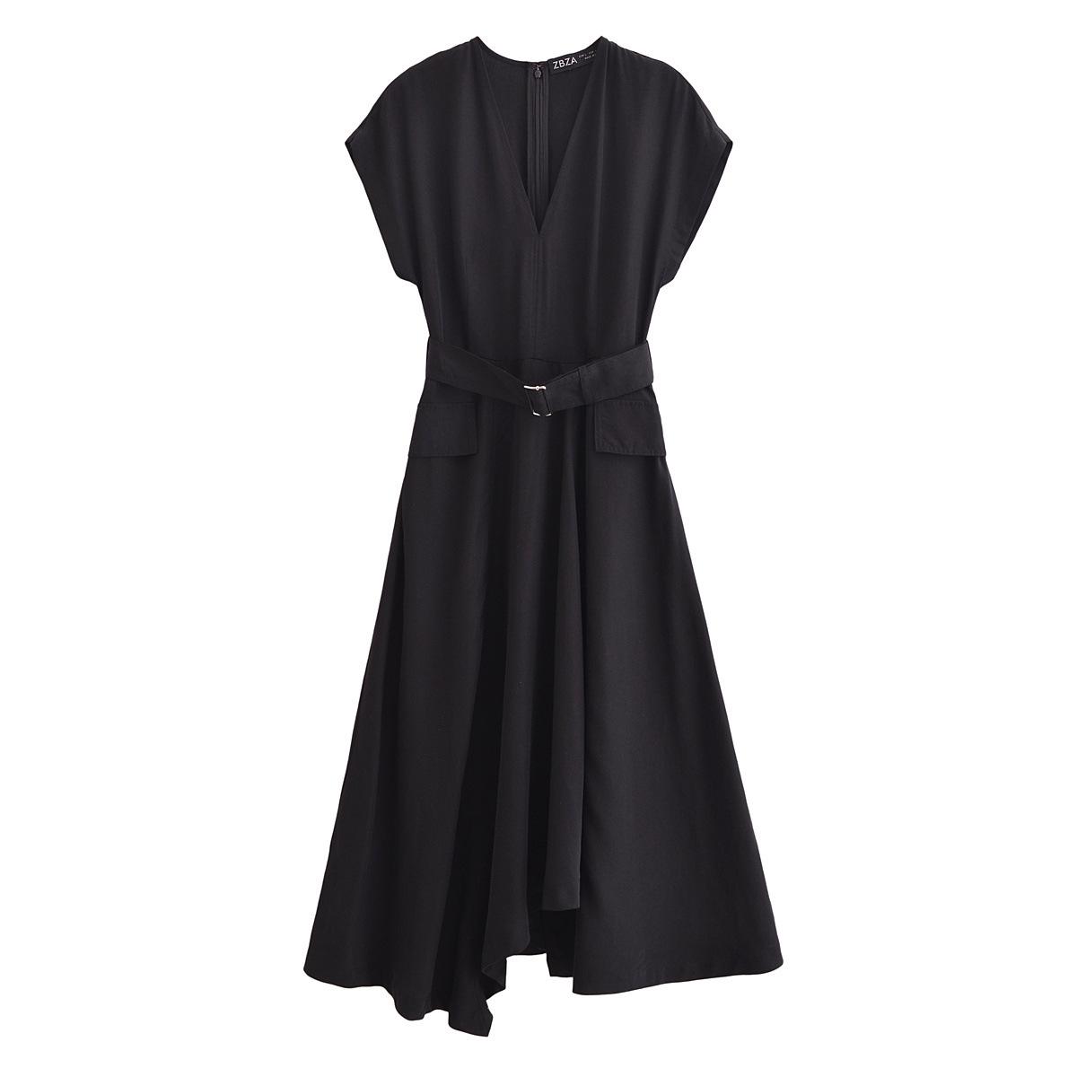 

2025 Spring Women s European & American V-Neck Tie-Waist A-Line Dress XS чёрный