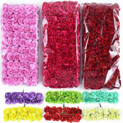 144/288pcs 2cm Mini Paper Rose Artificial Flowers Bouquet For Wedding Home Decoration DIY Scrapbooking Crafts Fake Plants Wreath