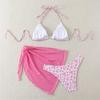 3-tlg./Set Damen Blumenmuster Bikini-Set Neckholder Gepolstert Ohne Bügel BH Schnelltrocknend Badehose Unifarben Überwurf Rock Set Sommer Strandmode