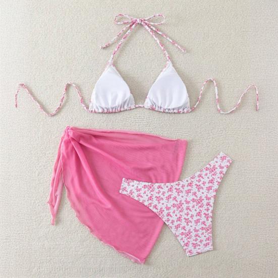 3-tlg./Set Damen Blumenmuster Bikini-Set Neckholder Gepolstert Ohne Bügel BH Schnelltrocknend Badehose Unifarben Überwurf Rock Set Sommer Strandmode