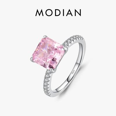 MODIAN Anel Quadrado Brilhante de Prata Esterlina 925 com Gelo Picado Rosa 2ct Banhado a Platina para Mulheres Joia Clássica de Casamento Presente