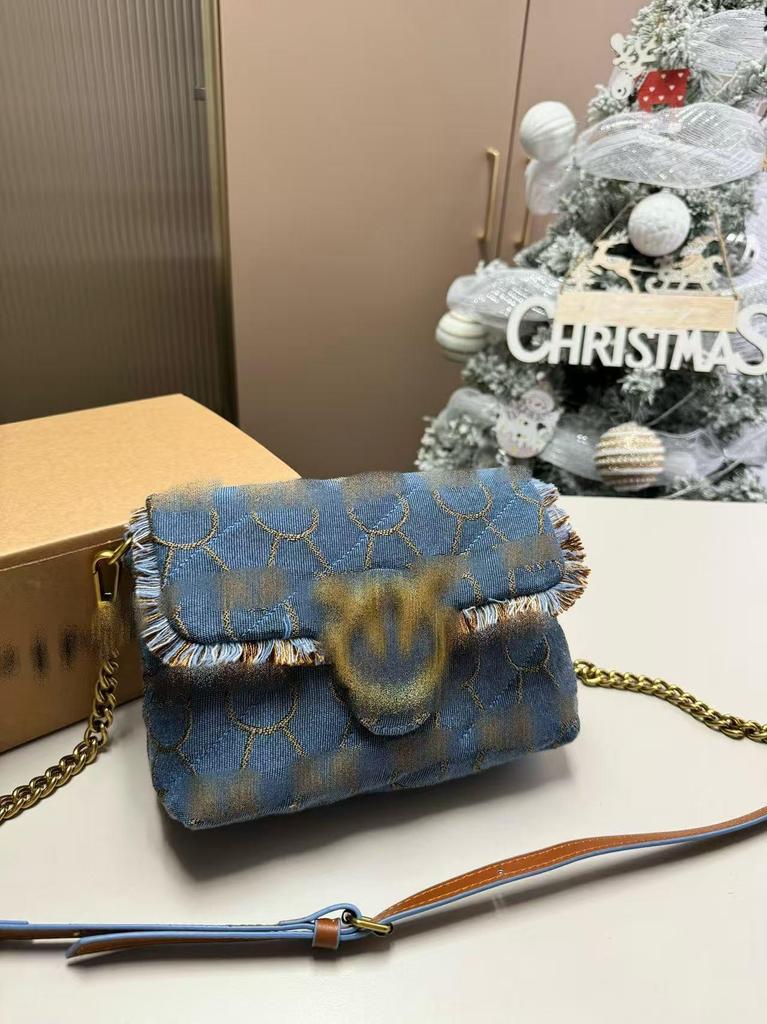Bolso de Cadena de Denim con Golondrinas y Hebilla Dorada con Borlas