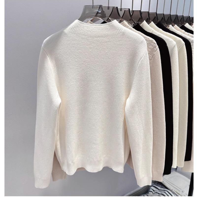 Autumn Winter Half High Collar Lace Patchwork Velvet Warm Sweater Women Elegant All-match Bottomed Knitting Top