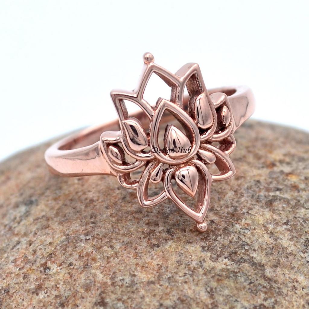 Handmade Silver Rose Gold Plated Lotus Ring 925 Sterling Silver Jewelry Statement Ring