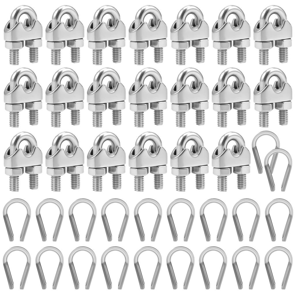 40/13PCS M3/M5/M6 Stainless Steel Cable Clamp U-Bolt Bow Shape Wire Rope Clamp with Cable Thimble for Wire Rope Clothesline