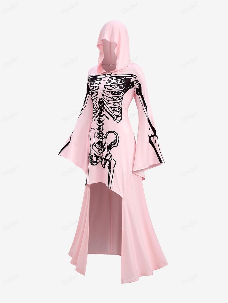 Rosegal Plus Size Halloween Skeleton Print Bell Sleeves Hooded High Low Dress