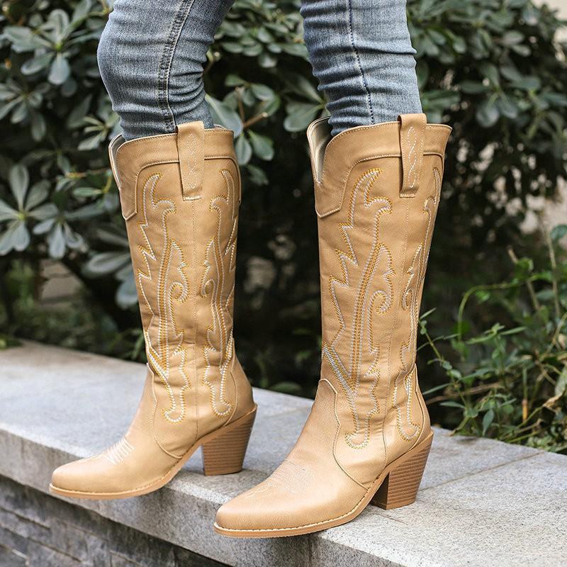 Womens Retro Embroidered Western Cowboy Boots Chunky Heel Color Block Knee High Fashion