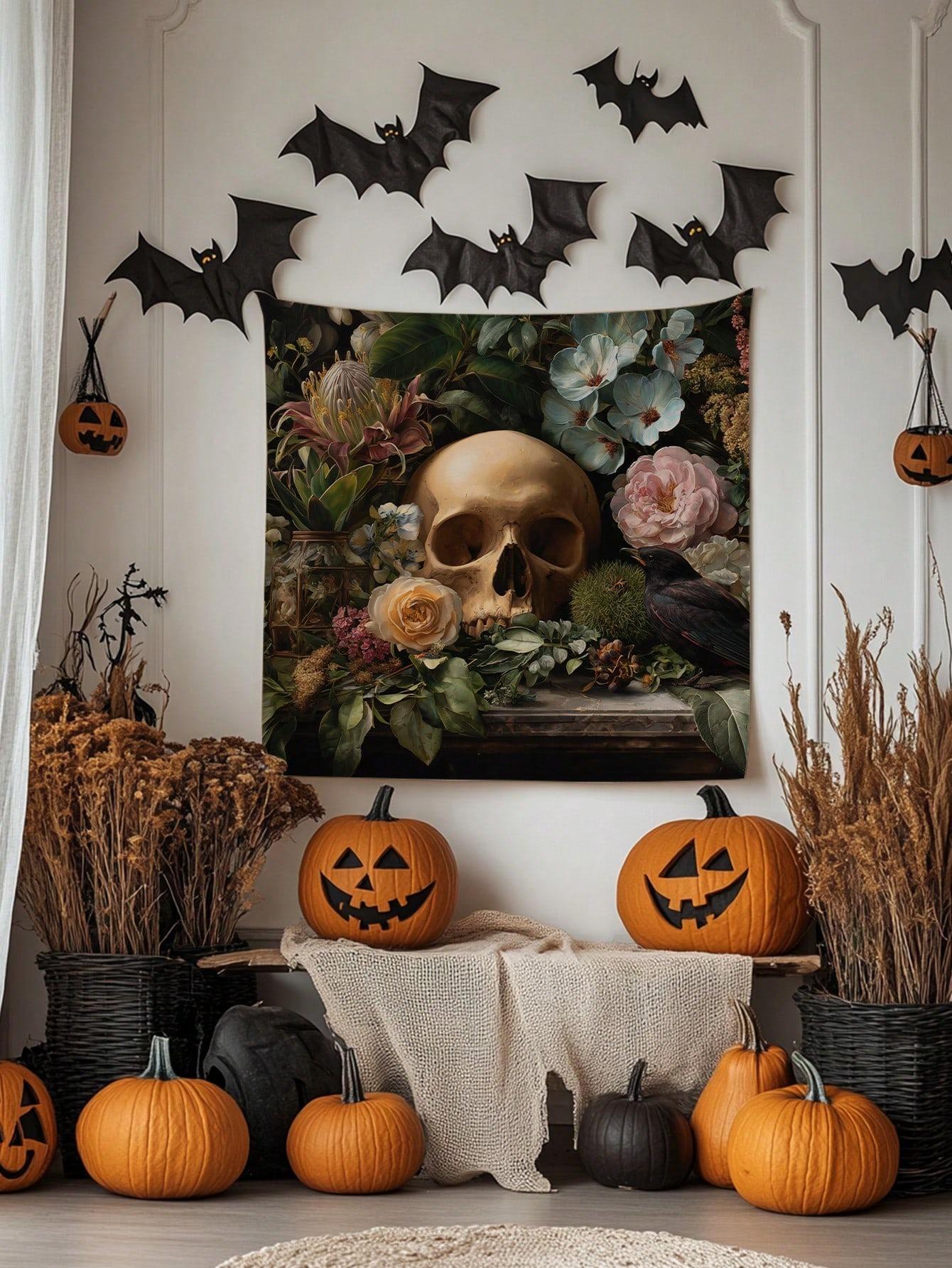 

Печатное панно с черепом и тыквой Декоративные обои на Хэллоуин Художественное Веселое украшение Идеальный праздничный подарок 74x94cm(29x37in)
