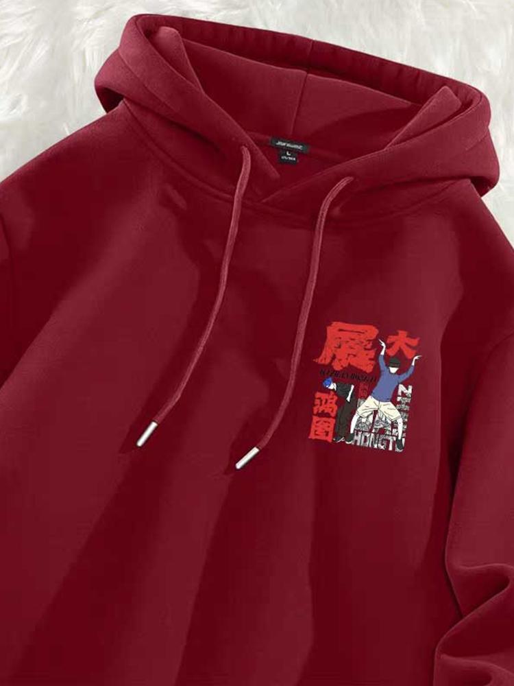 Autumn Chinese Character Cartoon Printed Hooded Sweatshirts For Man Cotton Fleece Y2K Pullover Hoodies High Street Fashion Hoody