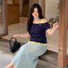 Large size women's clothing contrasting color fake two-piece slanted shoulder top 2026 summer pure desire wind hot girl short-sleeved T-shirt 244770