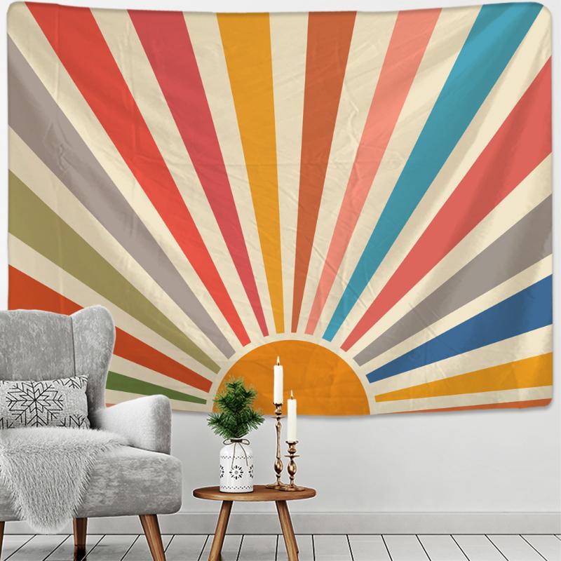 Sunrise Illustration Tapestry Wall Hanging Psychedelic Witchcraft Nature Landscape Aesthetics Room Home Art Decor