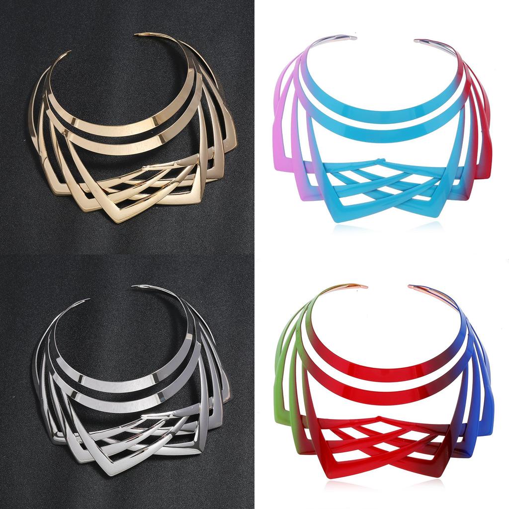 Geometric Metal Collar Necklace With Multilayer Chain For Trendy Women