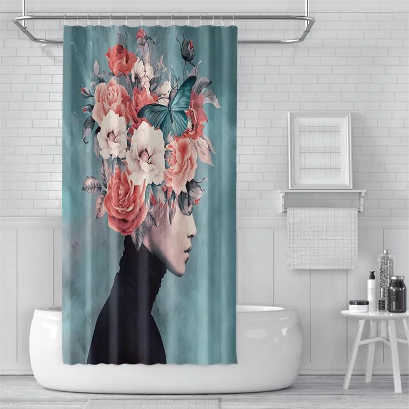 3D Shower Curtain European And American Abstract Figures, Flowers, Toilet Partition Curtains, Simple Curtains With Accessories
