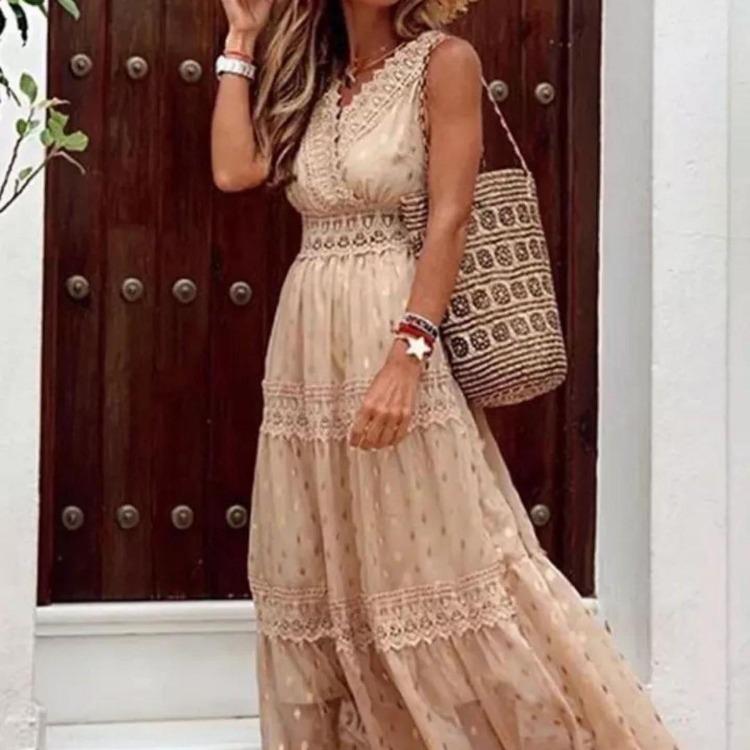 Summer Women Chiffon Midi Dress Deep V Neck Sleeveless Casual Elegant