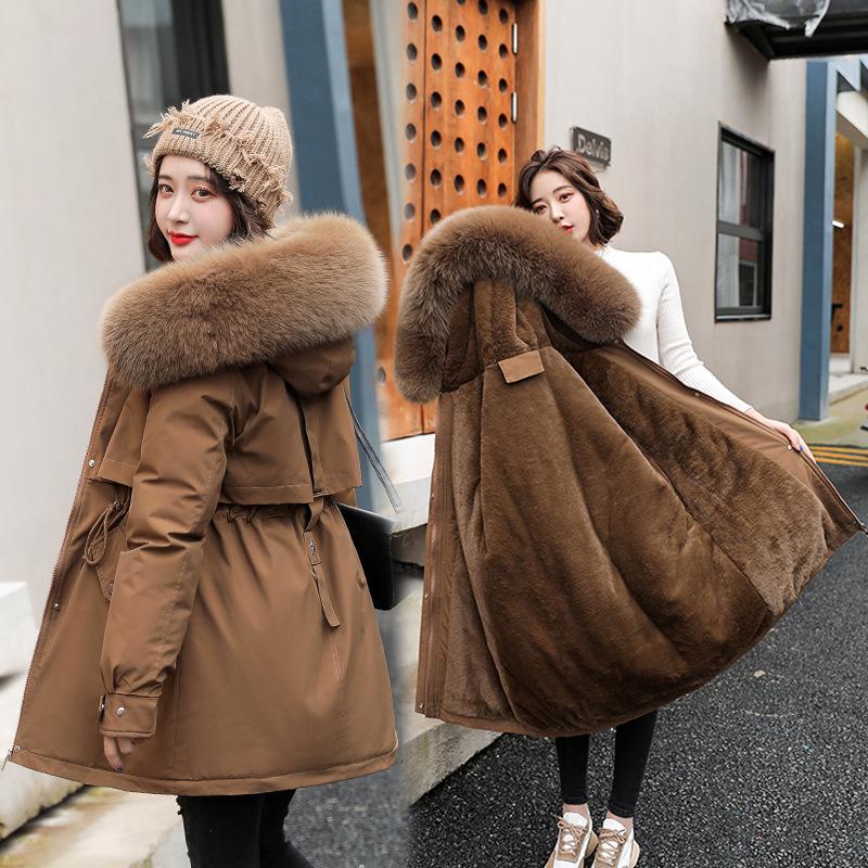 Parka da donna, cappotto lungo alla moda, fodera in lana con cappuccio, giacca invernale slim con collo in pelliccia, caldo abbigliamento da neve, abbigliamento imbottito