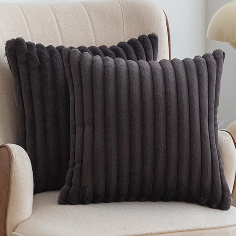 1pc Faux Fur Plush Decorative Throw Pillow Covers Fuzzy Striped Soft Pillowcase Cushion Covers for Sofa Couch Bedroom 18x18 Inch