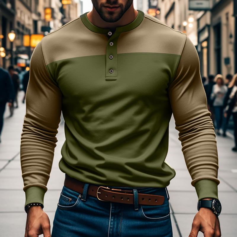 Vintage Patchwork Mens Crew Neck T Shirts Autumn Long Sleeve Contrast Color Buttoned Tops for Men Casual Slim Pullover Male Tees