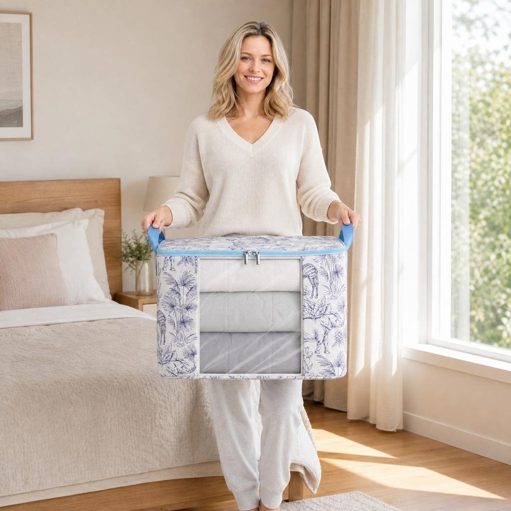 Non Woven Fabric Storage Bag with Transparent Window Zipper Closure Portable Handle Organizer for Clothes Bedding and Household Items
