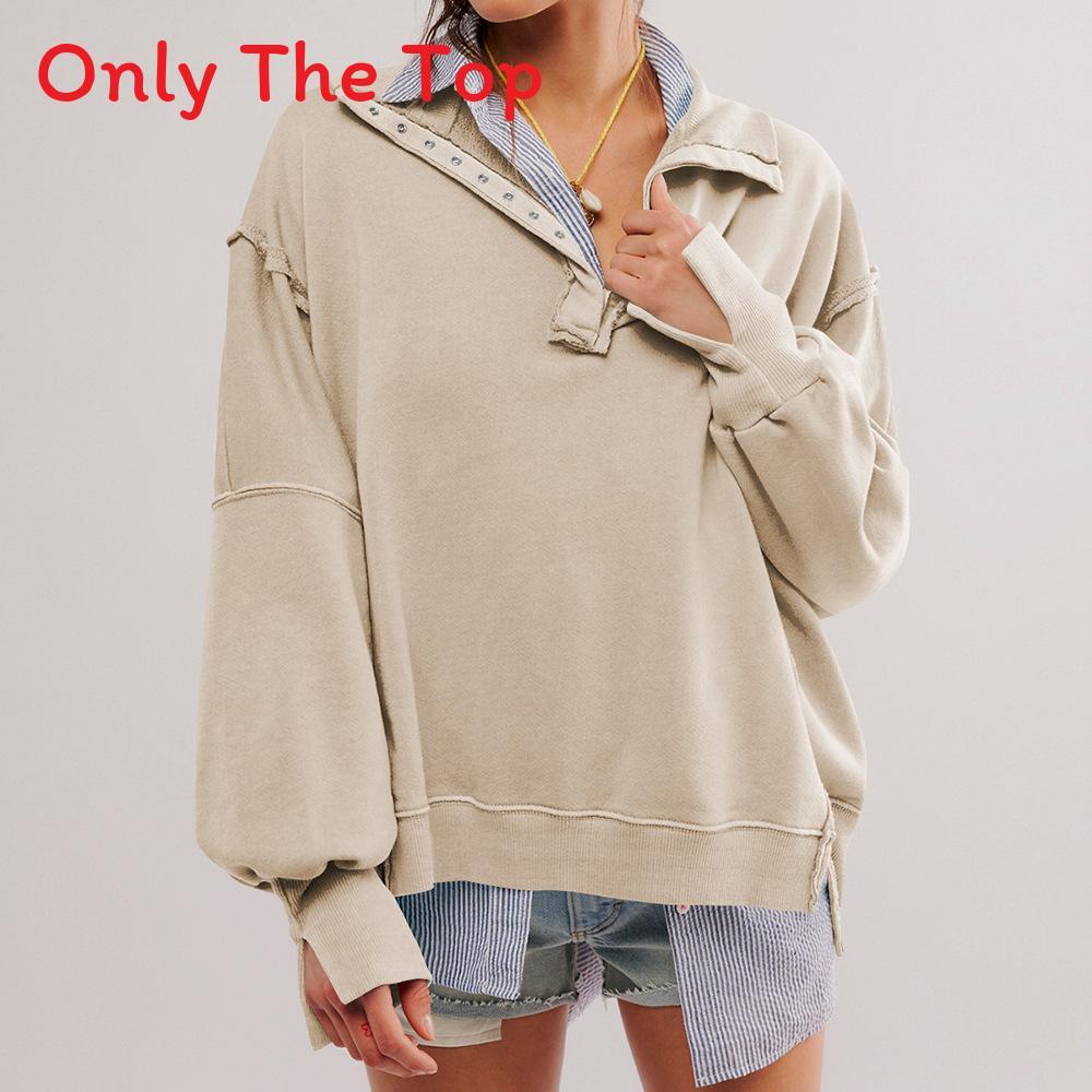 Streetwear Women Loose Fit Lantern Sleeve Hoodie With Button Details For Fall 2024