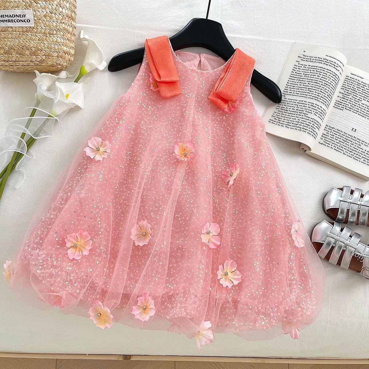 Summer Girls Princess Dress 3D Flower Sequin Mesh Sleeveless Party Dress For Kids Elegant Tulle Vest Dress 90cm