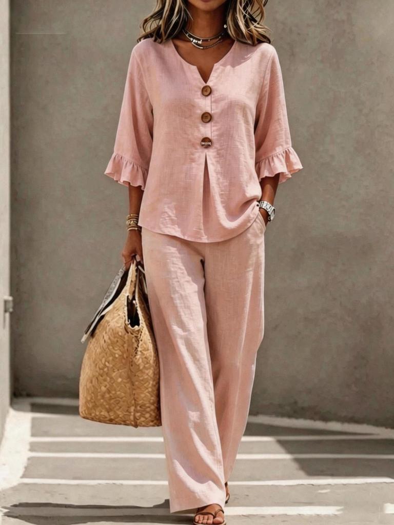 Women's V-Neck Ruffled Button-Up Top & Long Pants Set - In Stock & Ships Immediately