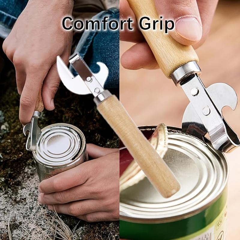 1pc Premium Cast Iron Safety Can Opener - Smooth Edge, Stainless Steel Blade, Ergonomic Wooden Handle for Effortless Jar