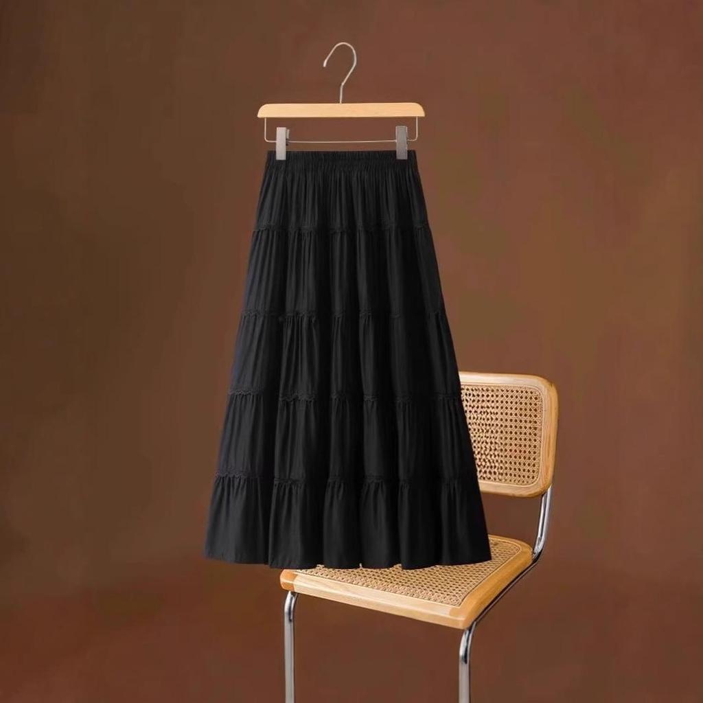 2025 High-End Summer Women's Fairy Lace Pleated Midi Skirt with Large Swing.