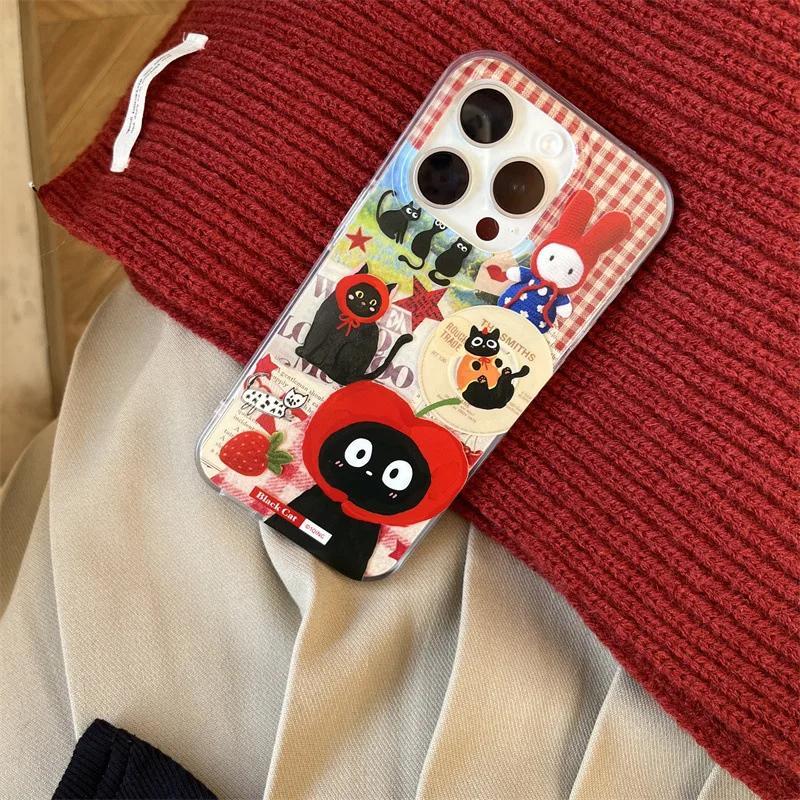 Red Apple Hat Black Cat Strawberry Fashion Retro Phone Case For iPhone 16 15 14 13 12 Pro Max Case Cute Cartoon shockproof Cover