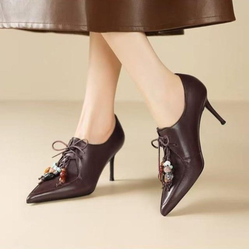 

Модные туфли-лодочки на шпильке с ремешками спереди, новинка осени, с острым носком, глубоким вырезом, противоскользящие, износостойкие, на высоком каблуке 42 кофейный