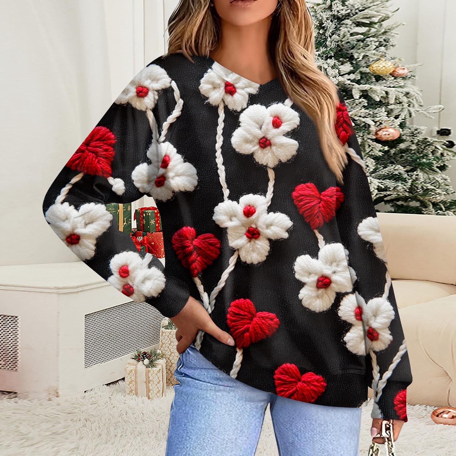 

Женская повседневная мода комфорт с манжетой V-образным вырезом с принтом ко Дню святого Валентина пуловер с капюшоном XL