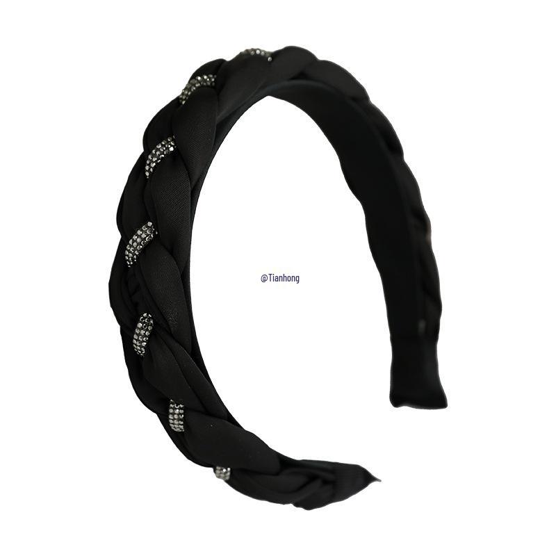 Elegant Black Braided Rhinestone Headband: Versatile Wide-Edge Hair Accessory
