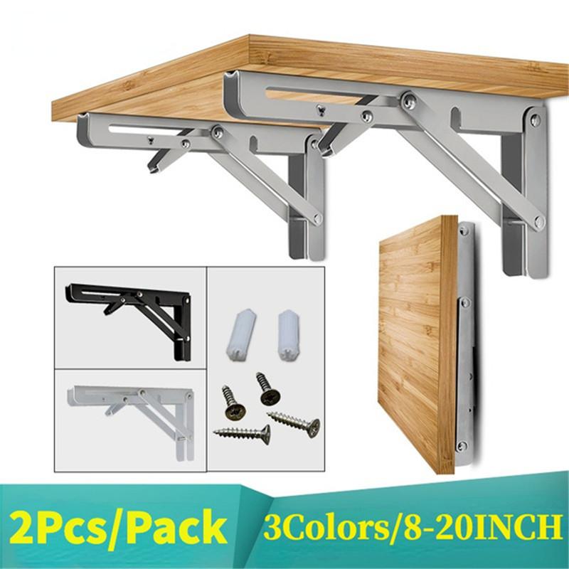 2 soportes de estante plegables de acero inoxidable de alta resistencia, bisagras de mesa en forma de L plegables para montaje en pared para banco y mesa con tornillos