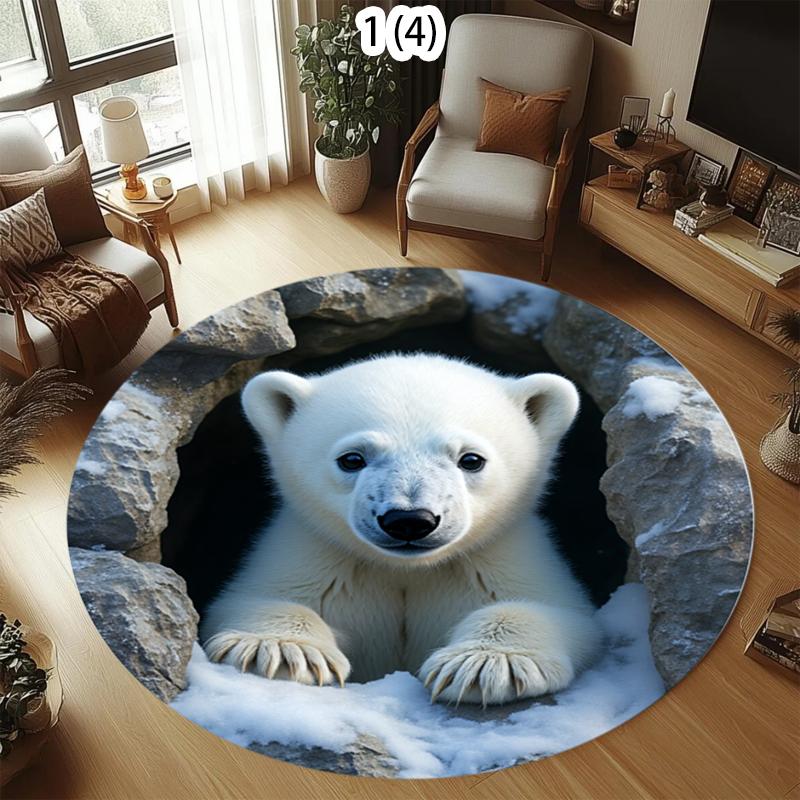

2D Cute Polar Bear Round Carpet Realistic Hole Abyss Floor Mat Creative Decorative Area Rug for Living Room Bedroom Home Decor 80cm x 80cm