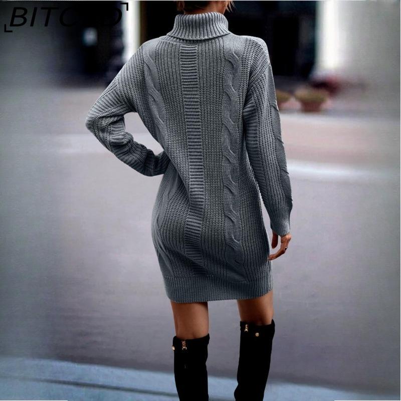 BITCED Fall/Winter Solid Color High-Neck Long-Sleeve Bodycon Knit Dress for Women