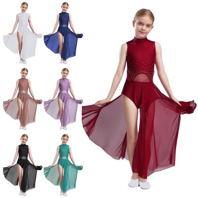 Girls Keyhole Back Sleeveless Lyrical Dance Dress Sheer Mesh Patchwork Shiny Rhinestones Split Dress