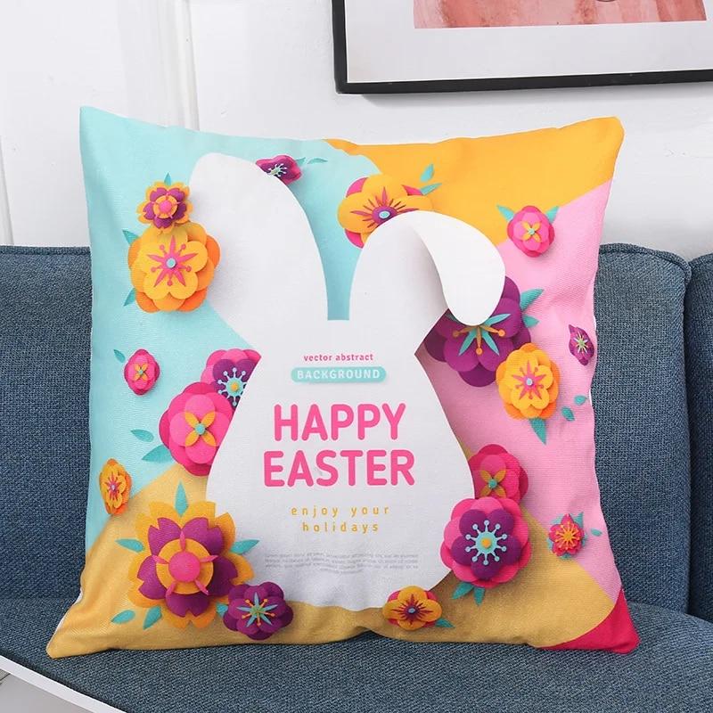 Home Decoration Pillowcase Happy Easter Cute Bunny Egg Print Pillowcase Living Room Sofa Cushion Cover