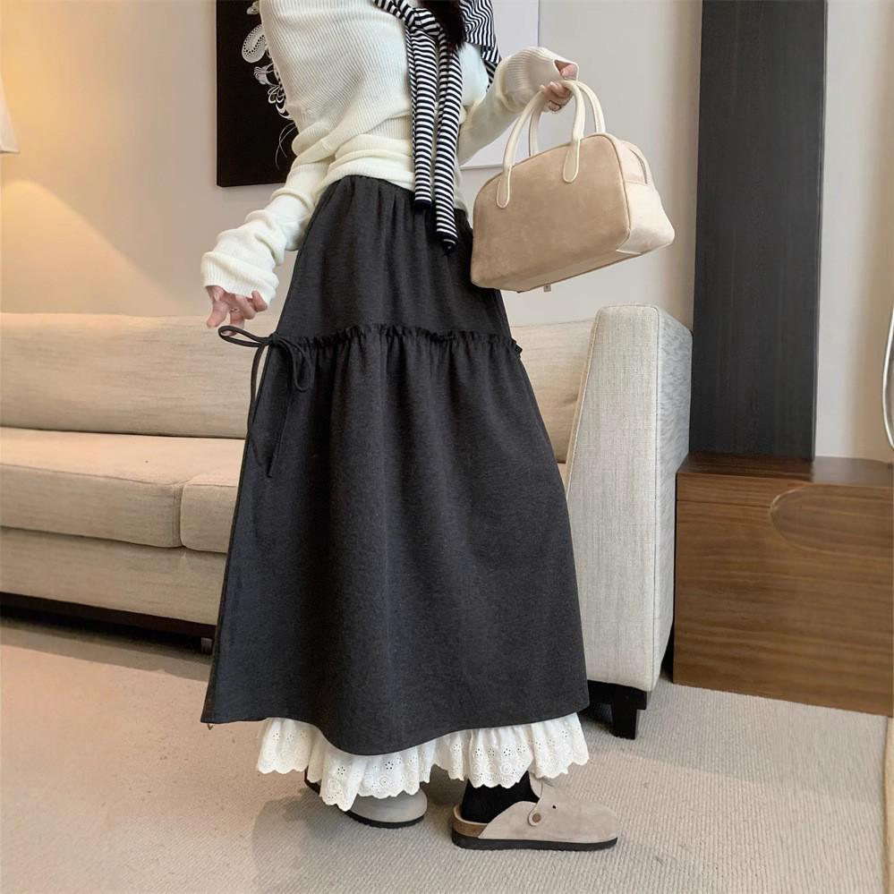 

Женская юбка миди А-силуэта в корейском милом стиле, серая, с оборками и эластичной талией - коллекция весна/осень. Large серый