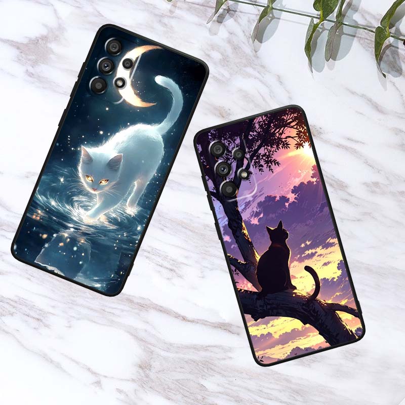 Cartoon Cat Cute For Samsung A73 A72 A71 A55 A54 A53 A52 A51 A13 A22 A16 A15 A12 A14 A26 A07 5G Black Phone Case