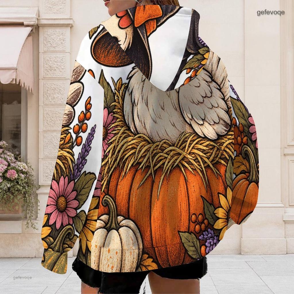 Women Plus Size Zip Up Hoodie Long Sleeve Drawstring Hood With Pockets Halloween Ghost Pumpkin Printed White