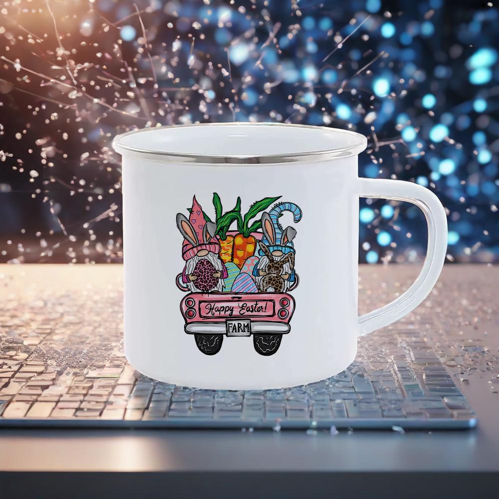 Happy Easter Themed Coffee Mugs Cute Coloful Juice Water Drinkware easy clean Mugs Novetly Rabbit Car Pattern Enamel Mug Safe