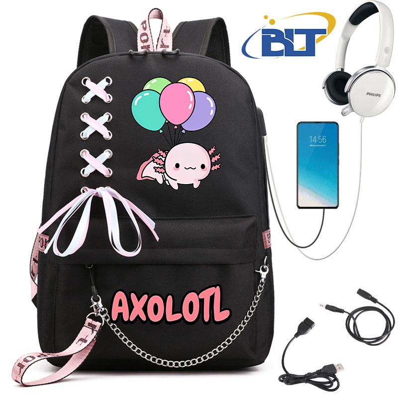 Cute Axolotl Printed Student Schoolbag for Girls Black Backpack Usb Kids Casual Bag Back To School Gift