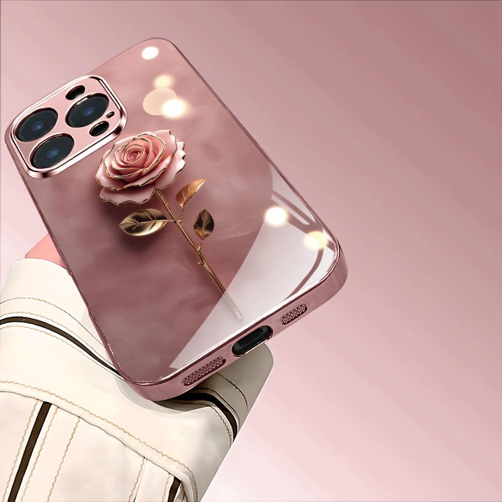 Rose Pattern Metallic Paint Glass Phone Case Suitable for iPhone17 16 15 14 13 12 11Pro/Max/Plus Anti Fingerprint and Shockproof