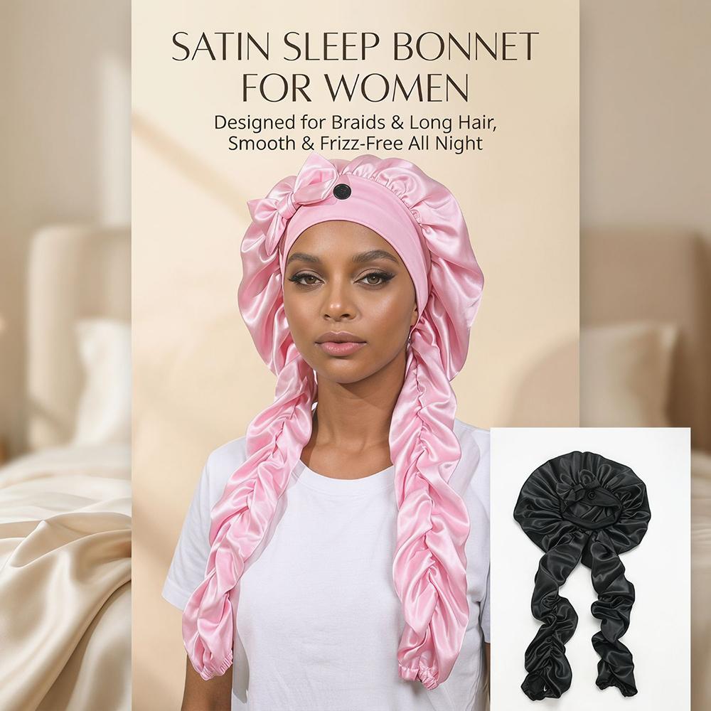 Satin Material Sleep Bonnet Long Curling Ribbons Non-Slip Design Satin Bonnet Soft Fabric Adjustable Fit Heatless Curl Bonnet