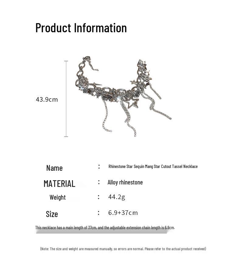 Rhinestone Star Tassel Necklace: Elegant European-American Clavicle Chain with Sequin Cutout for a Versatile, Luxurious, Sweet and Cool Style.